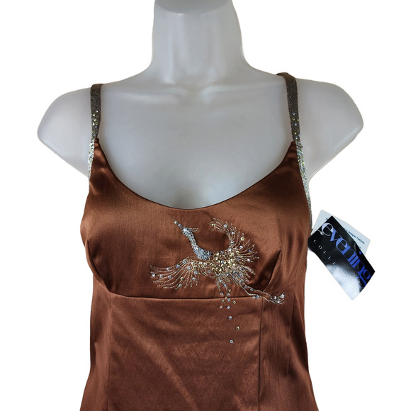 Julian Joyce sz 2 Cocktail Dress Women Slip Caramel Brown Sequin Cranes Vtg NEW - Picture 8 of 14